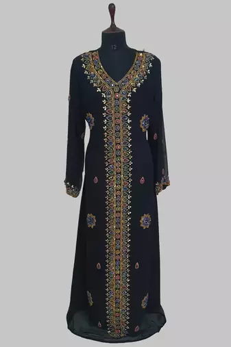 Black Golden multicolor stone and  Beads Moroccan Kaftan With hijab 
