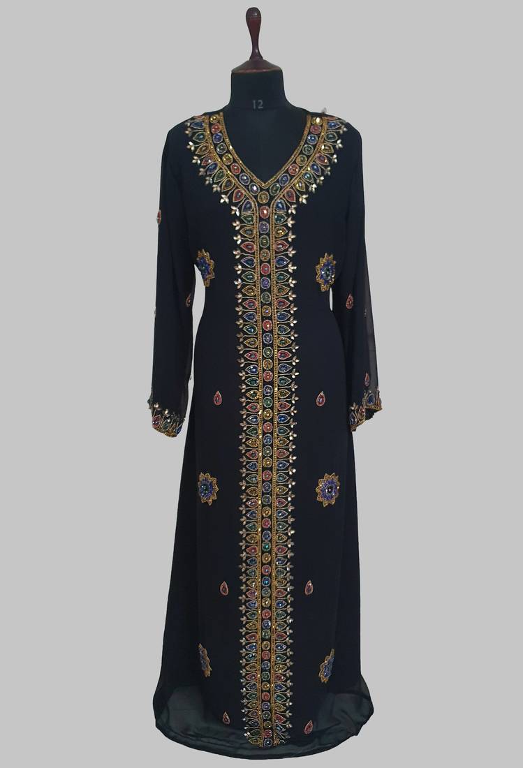 Black Golden multicolor stone and  Beads Moroccan Kaftan With hijab 