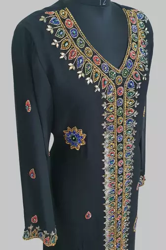 Black Golden multicolor stone and  Beads Moroccan Kaftan With hijab 