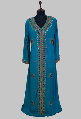 Cyan Blue Golden multicolor stone and  Beads Moroccan Kaftan With hijab  1