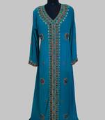 Cyan Blue Golden multicolor stone and  Beads Moroccan Kaftan With hijab 