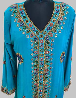 Cyan Blue Golden multicolor stone and  Beads Moroccan Kaftan With hijab  2