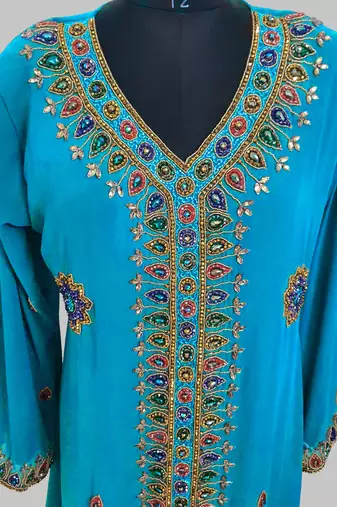 Cyan Blue Golden multicolor stone and  Beads Moroccan Kaftan With hijab 