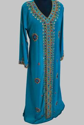 Cyan Blue Golden multicolor stone and  Beads Moroccan Kaftan With hijab  3