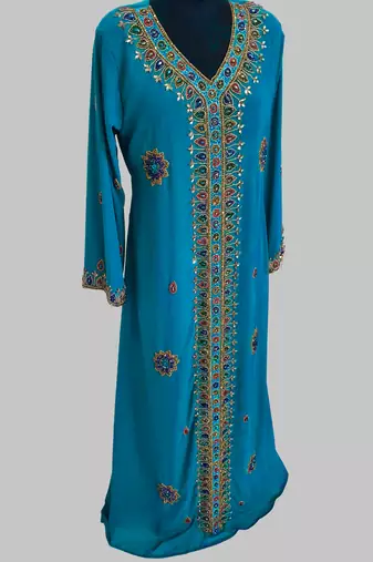 Cyan Blue Golden multicolor stone and  Beads Moroccan Kaftan With hijab 