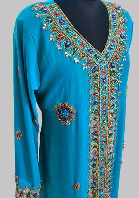 Cyan Blue Golden multicolor stone and  Beads Moroccan Kaftan With hijab  4