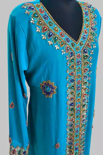 Cyan Blue Golden multicolor stone and  Beads Moroccan Kaftan With hijab 