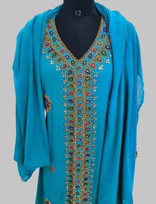 Cyan Blue Golden multicolor stone and  Beads Moroccan Kaftan With hijab  5