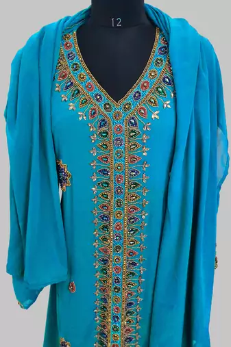 Cyan Blue Golden multicolor stone and  Beads Moroccan Kaftan With hijab 