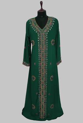 Dark Green Off White Golden multicolor stone and  Beads Moroccan Kaftan With hijab  1
