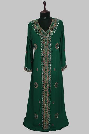 Dark Green Off White Golden multicolor stone and  Beads Moroccan Kaftan With hijab 
