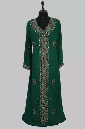 Dark Green Off White Golden multicolor stone and  Beads Moroccan Kaftan With hijab 