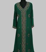 Dark Green Off White Golden multicolor stone and  Beads Moroccan Kaftan With hijab 