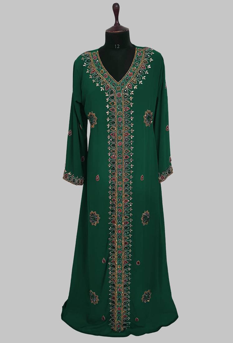 Dark Green Off White Golden multicolor stone and  Beads Moroccan Kaftan With hijab 