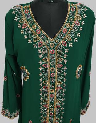 Dark Green Off White Golden multicolor stone and  Beads Moroccan Kaftan With hijab  2