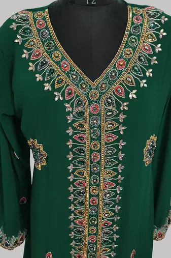 Dark Green Off White Golden multicolor stone and  Beads Moroccan Kaftan With hijab 