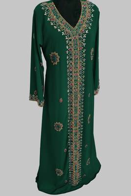 Dark Green Off White Golden multicolor stone and  Beads Moroccan Kaftan With hijab  3