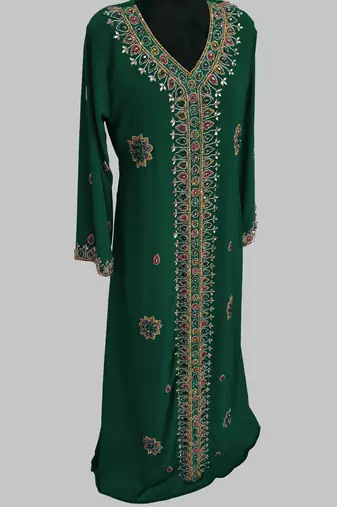 Dark Green Off White Golden multicolor stone and  Beads Moroccan Kaftan With hijab 