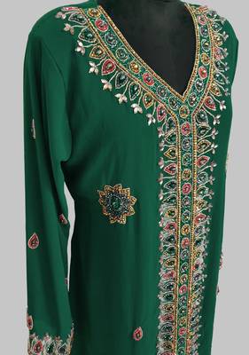 Dark Green Off White Golden multicolor stone and  Beads Moroccan Kaftan With hijab  4