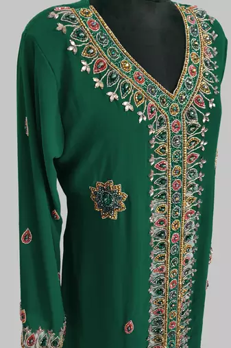 Dark Green Off White Golden multicolor stone and  Beads Moroccan Kaftan With hijab 