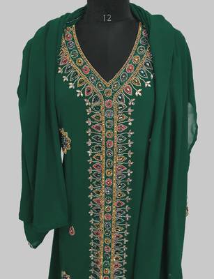 Dark Green Off White Golden multicolor stone and  Beads Moroccan Kaftan With hijab  5
