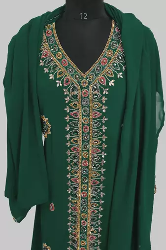 Dark Green Off White Golden multicolor stone and  Beads Moroccan Kaftan With hijab 