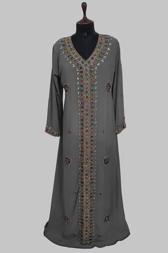 Grey Golden multicolor stone and  Beads Moroccan Kaftan With hijab 