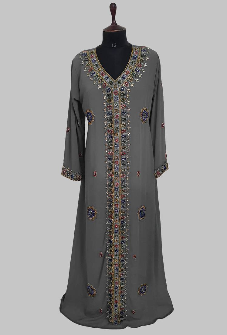 Grey Golden multicolor stone and  Beads Moroccan Kaftan With hijab 