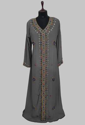 Grey Golden multicolor stone and  Beads Moroccan Kaftan With hijab  1