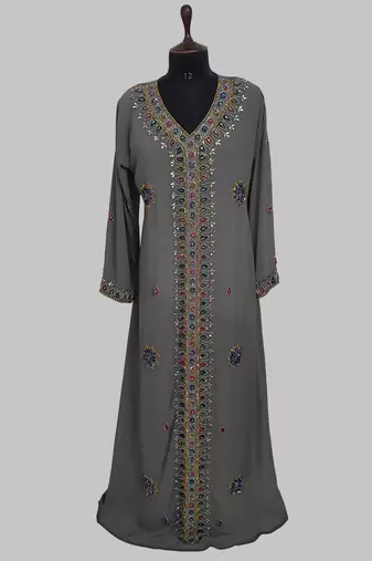 Grey Golden multicolor stone and  Beads Moroccan Kaftan With hijab 