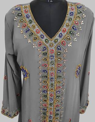 Grey Golden multicolor stone and  Beads Moroccan Kaftan With hijab  2