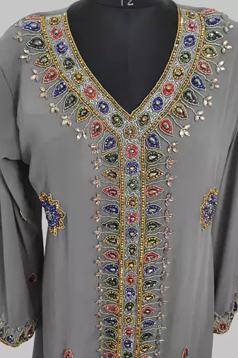 Grey Golden multicolor stone and  Beads Moroccan Kaftan With hijab 
