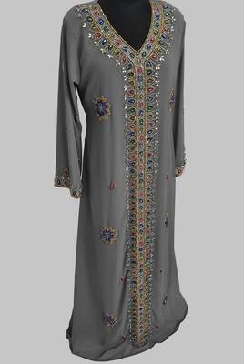 Grey Golden multicolor stone and  Beads Moroccan Kaftan With hijab  3