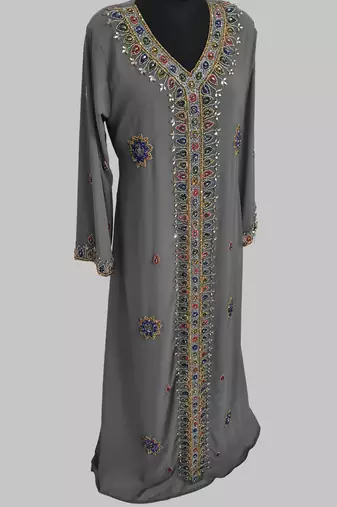Grey Golden multicolor stone and  Beads Moroccan Kaftan With hijab 