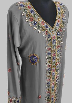 Grey Golden multicolor stone and  Beads Moroccan Kaftan With hijab  4