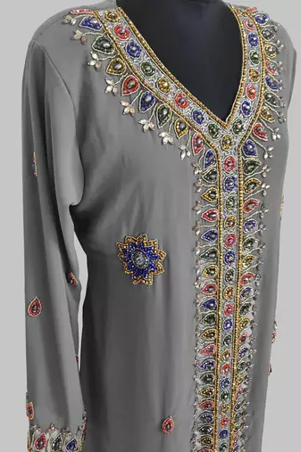 Grey Golden multicolor stone and  Beads Moroccan Kaftan With hijab 