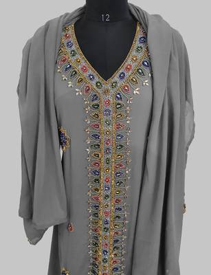 Grey Golden multicolor stone and  Beads Moroccan Kaftan With hijab  5