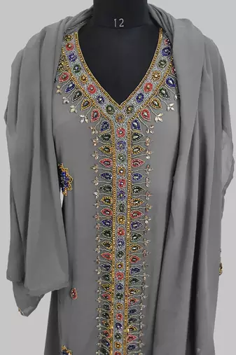 Grey Golden multicolor stone and  Beads Moroccan Kaftan With hijab 
