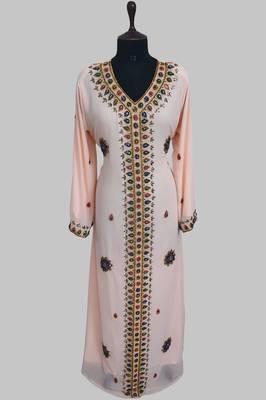 Light peach Golden multicolor stone and  Beads Moroccan Kaftan With hijab  1