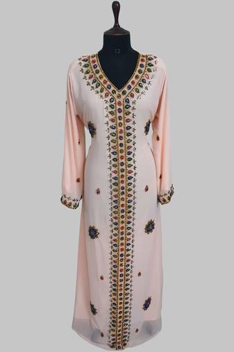 Light peach Golden multicolor stone and  Beads Moroccan Kaftan With hijab 