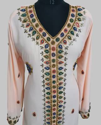 Light peach Golden multicolor stone and  Beads Moroccan Kaftan With hijab  2