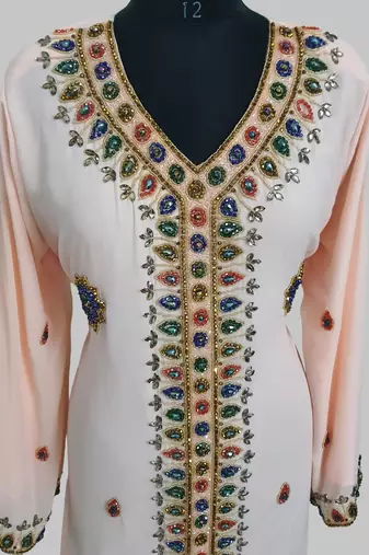Light peach Golden multicolor stone and  Beads Moroccan Kaftan With hijab 