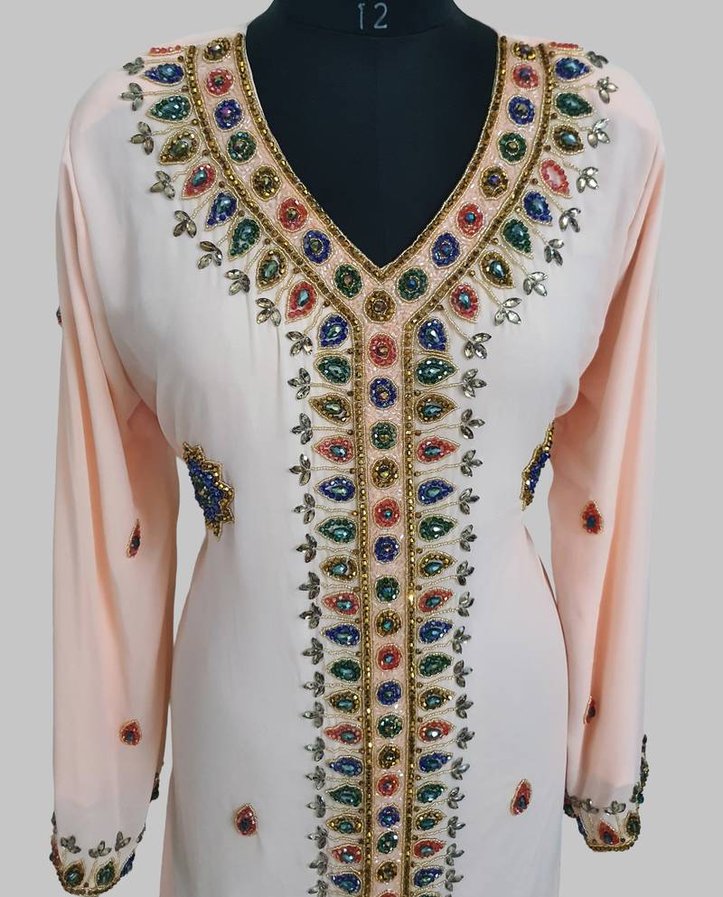 Light peach Golden multicolor stone and  Beads Moroccan Kaftan With hijab 