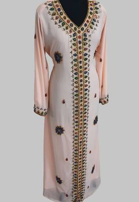 Light peach Golden multicolor stone and  Beads Moroccan Kaftan With hijab  3