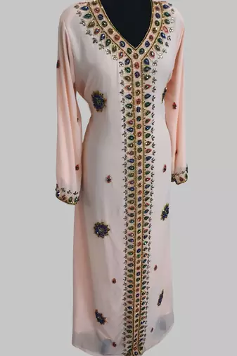 Light peach Golden multicolor stone and  Beads Moroccan Kaftan With hijab 