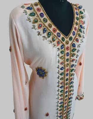 Light peach Golden multicolor stone and  Beads Moroccan Kaftan With hijab  4