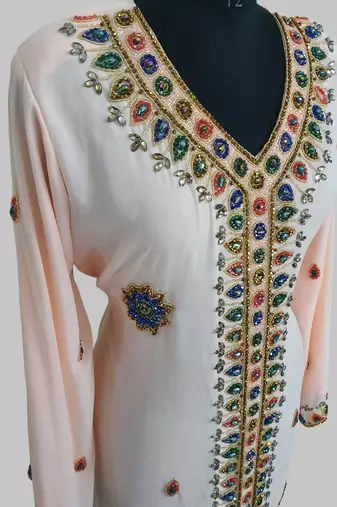 Light peach Golden multicolor stone and  Beads Moroccan Kaftan With hijab 