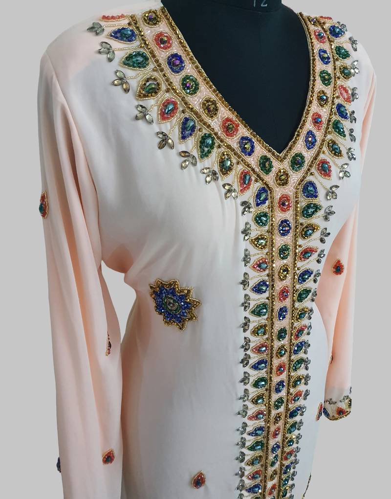 Light peach Golden multicolor stone and  Beads Moroccan Kaftan With hijab 