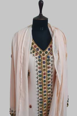 Light peach Golden multicolor stone and  Beads Moroccan Kaftan With hijab  5