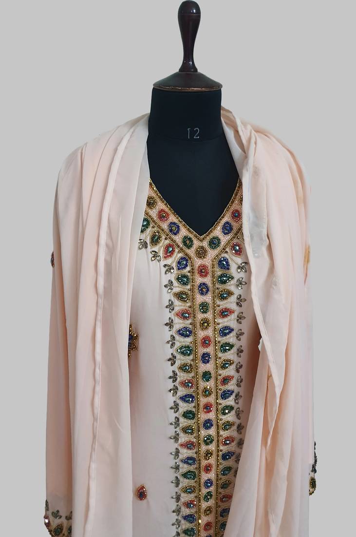 Light peach Golden multicolor stone and  Beads Moroccan Kaftan With hijab 